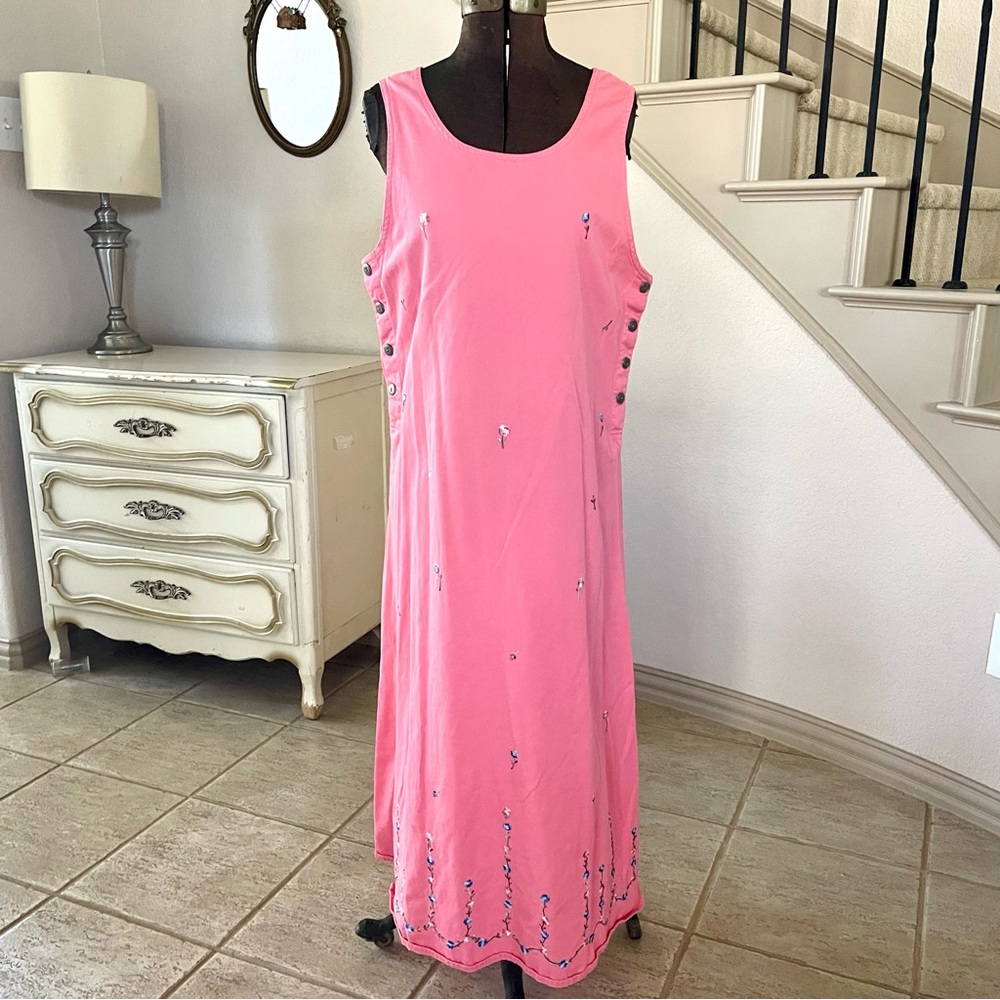 Vintage Basic Editions 100% Cotton Pink Twee Floral Embroidered Maxi Dress‎ 90s